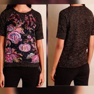 James Coviello Anthro Floral Brocade Metallic Knit Short-Sleeve Sweater Top XS